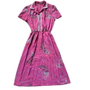 VTG Fit And Flare Pink Purple Collared Dress Cottagecore Prairie Girly Lace Trim